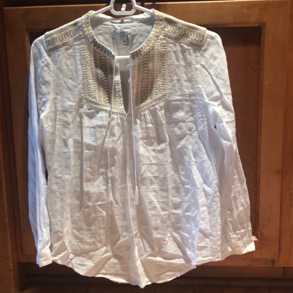J. Crew white striped blouse with tie and gold